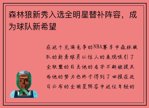 森林狼新秀入选全明星替补阵容，成为球队新希望