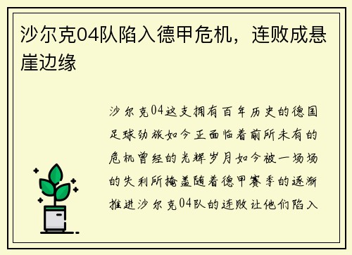 沙尔克04队陷入德甲危机，连败成悬崖边缘